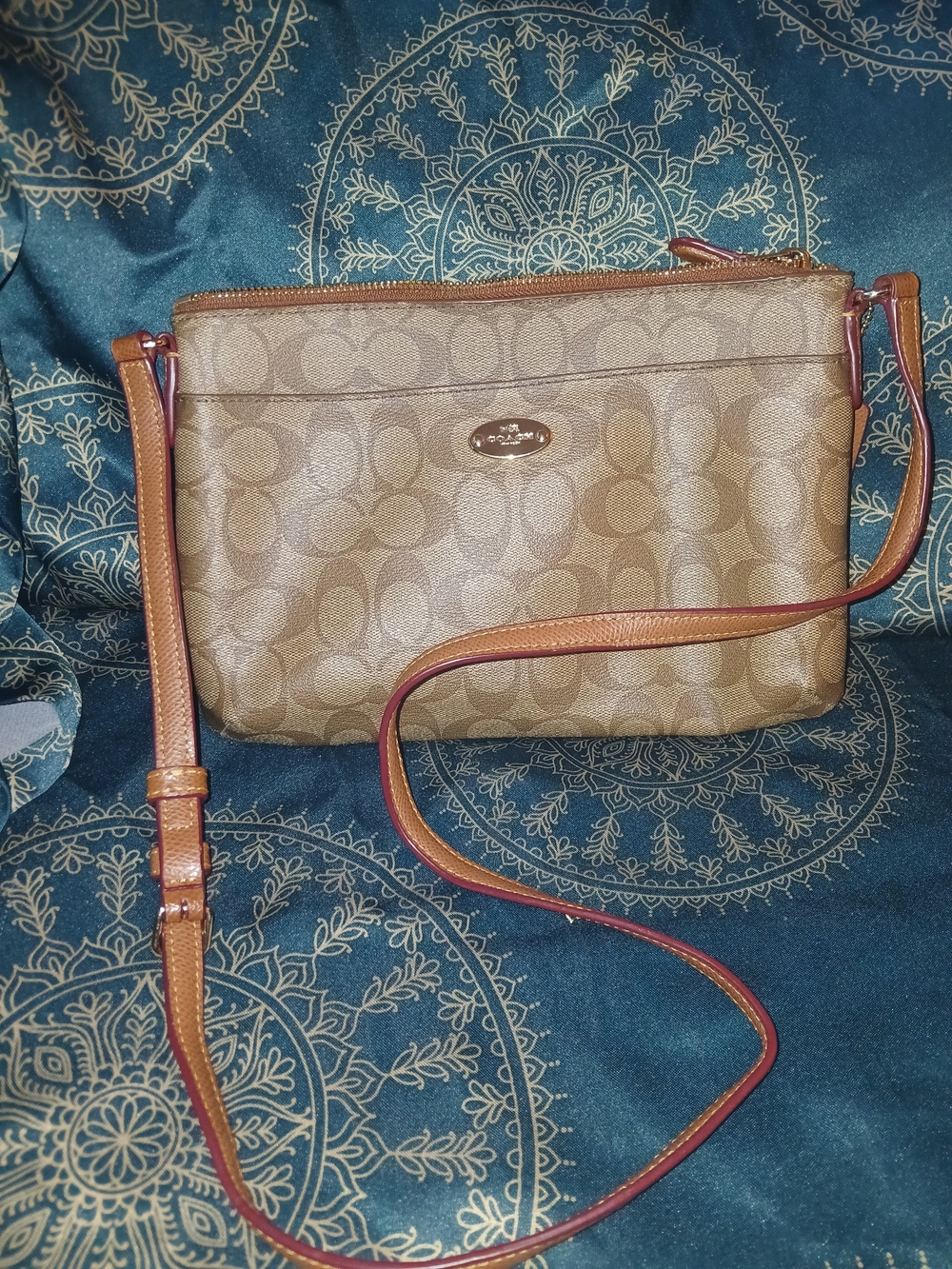 Coach Signature Crossbody with Tan Leather Trim